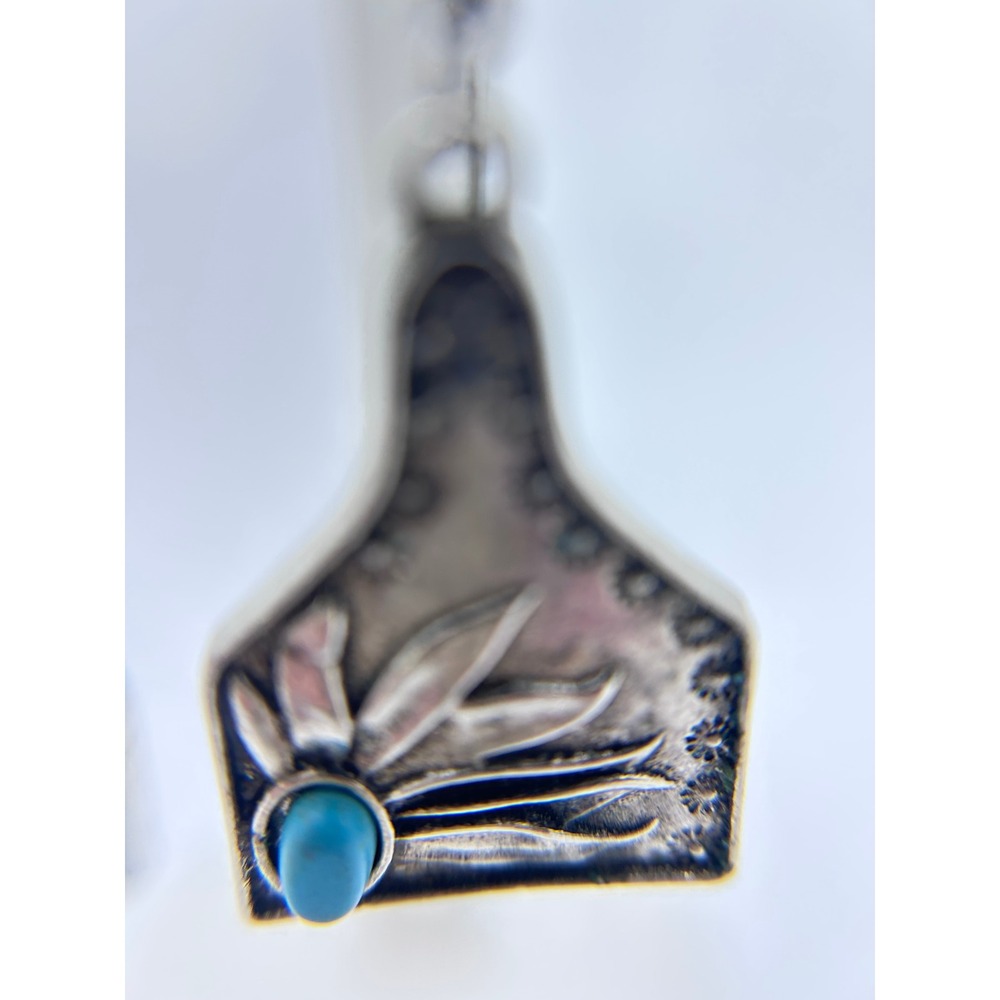 Sterling Silver Cow Ear Tag Earrings Turquoise Floral Western Boho Dangle